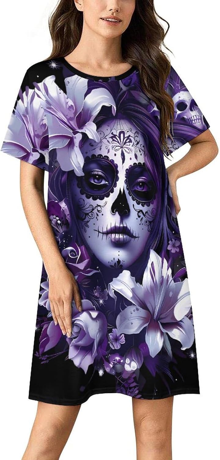 Sugar Skull Flowers Gothic Women's Nightgown Short Sleeve Sleep Shirt Casual Sleepwear Night Gowns Sleepdress