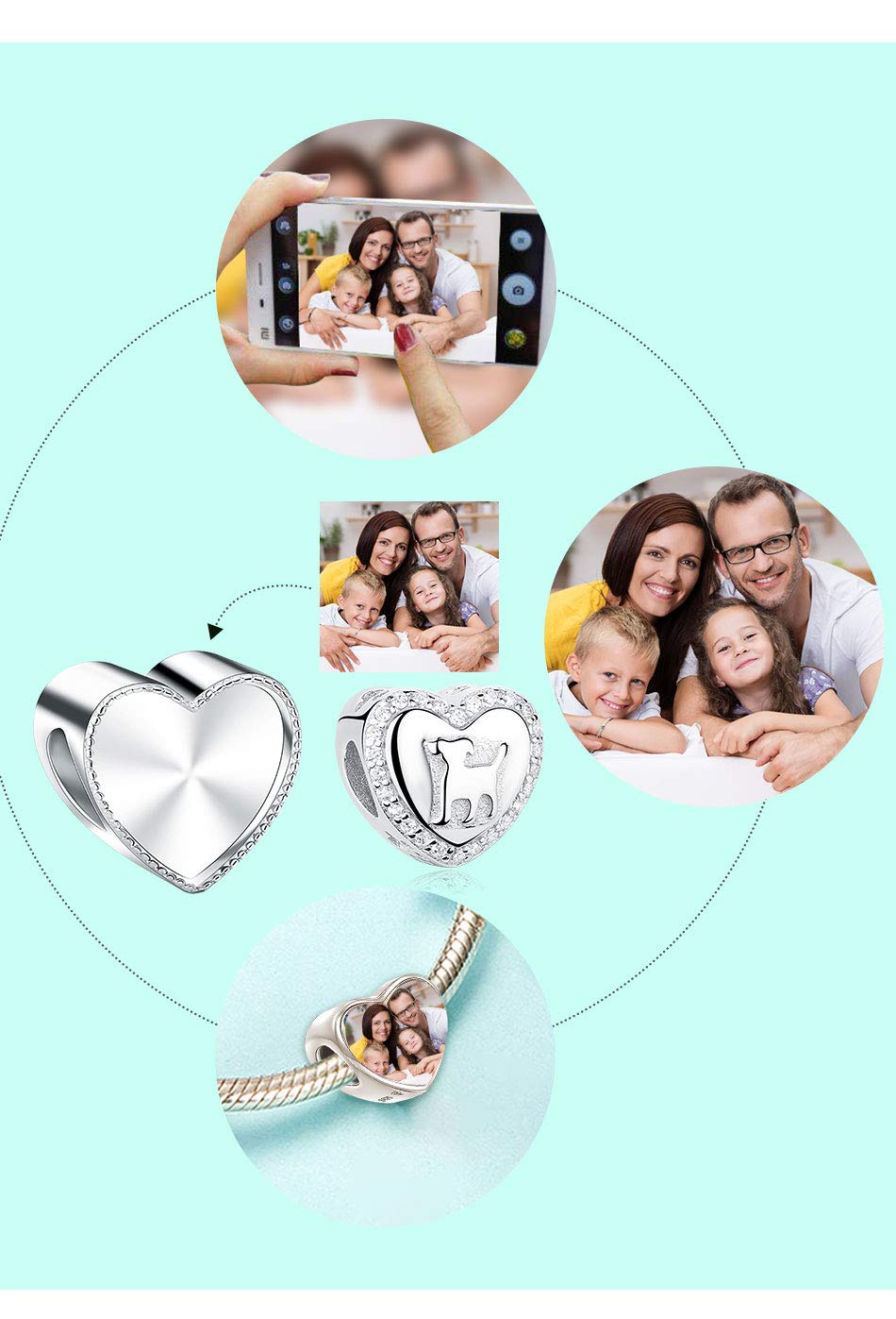 Cuore Ciondolo Charms 925 Argento Sterling Charms Personalizzata con Foto per Bracciale Collana Regalo Donna Mamma Nonna