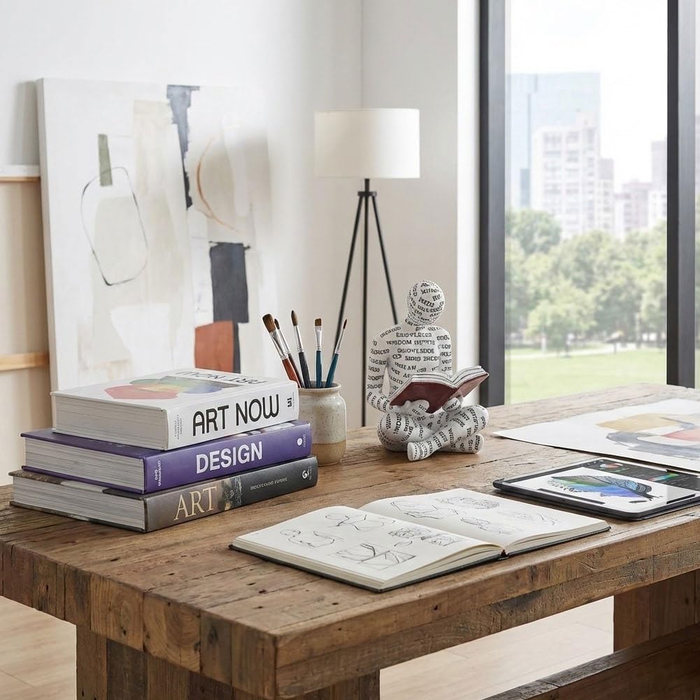 QIANLING Bookshelf Decor Reading Thinker Figurine - Modern Abstract Sculpture, Aesthetic Art Statue for Home Office, Bedroom, or Study, Bookshelf, Desk, Coffee Table, or Reading Corner Decor (Reader)