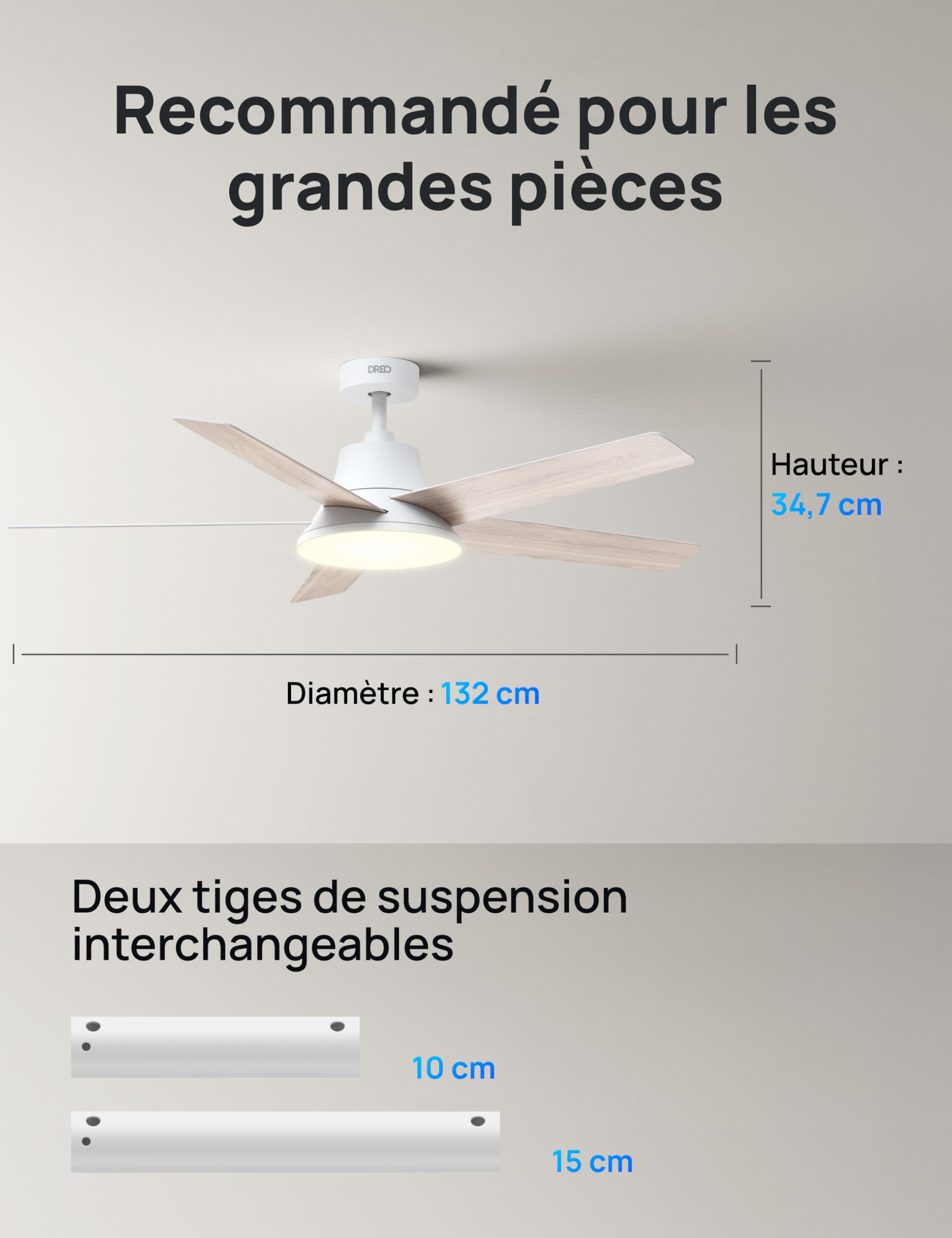 DREO ventilateur de plafond intelligent 132cm LED dimmable 12 vitesses moteur DC silencieux télécommande APP Alexa blanc