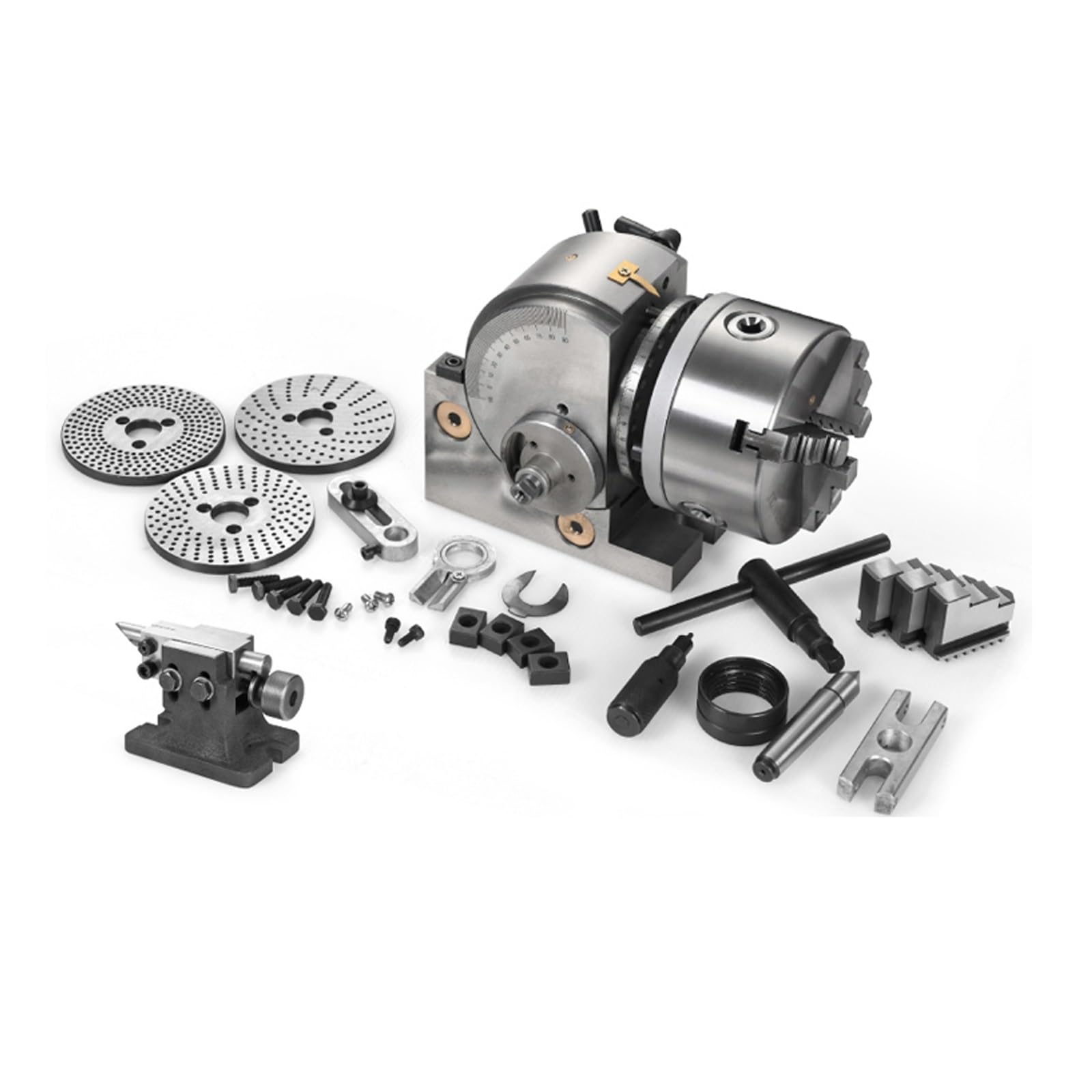 Indexing Head Kit 6" With 3-jaw Chuck,semi-universal Milling Kit,BS-1 Indexing Head, With 6"/160mm Chuck + Tailstock + Indexing Plate,suitable For
