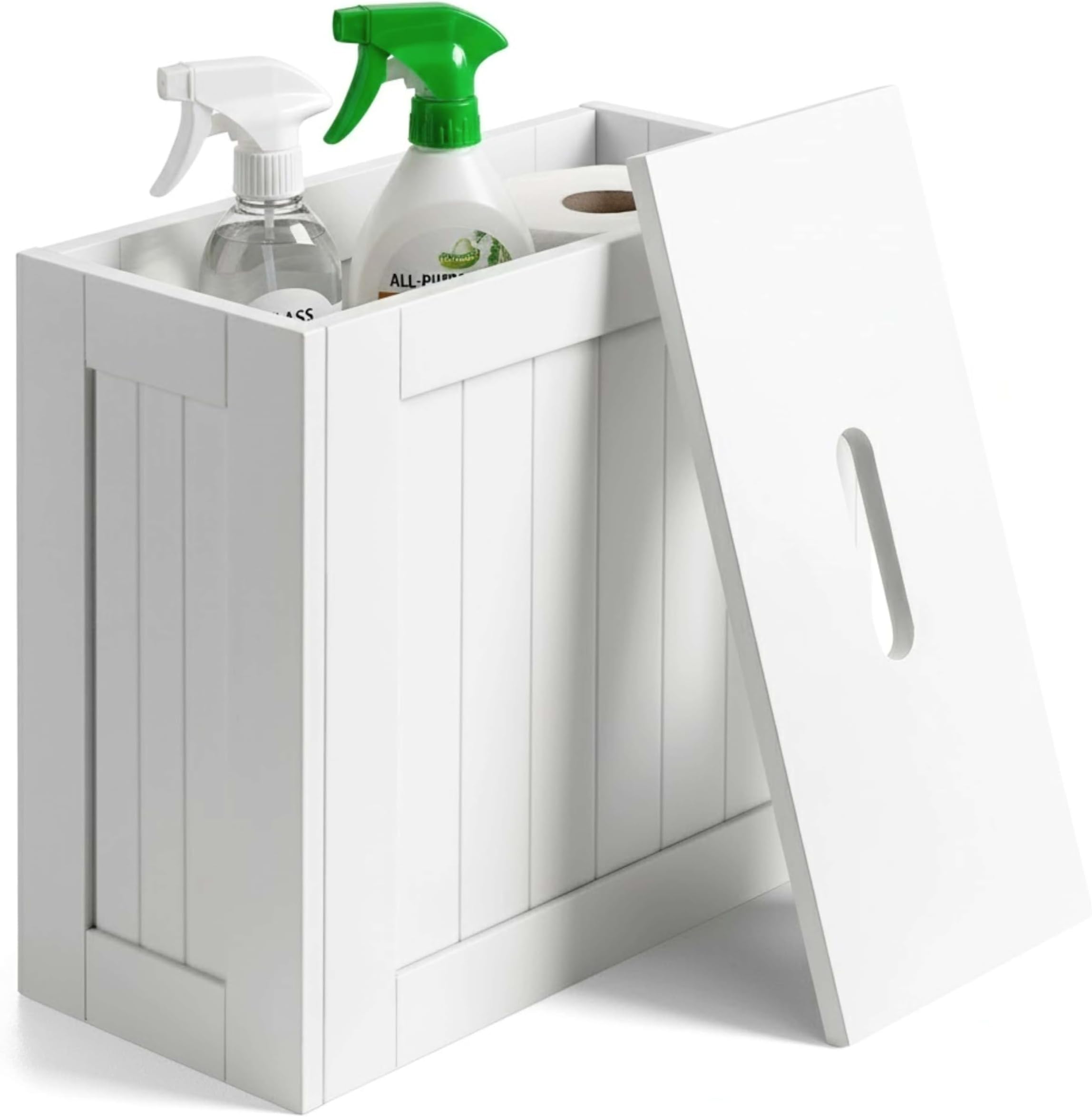 Unibos Bathroom Storage Unit, Freestanding Toilet Roll Cabinet, Compact Slimline Wooden Bathroom Storage Box, Multi Purpose Cleaning Tidy (White)