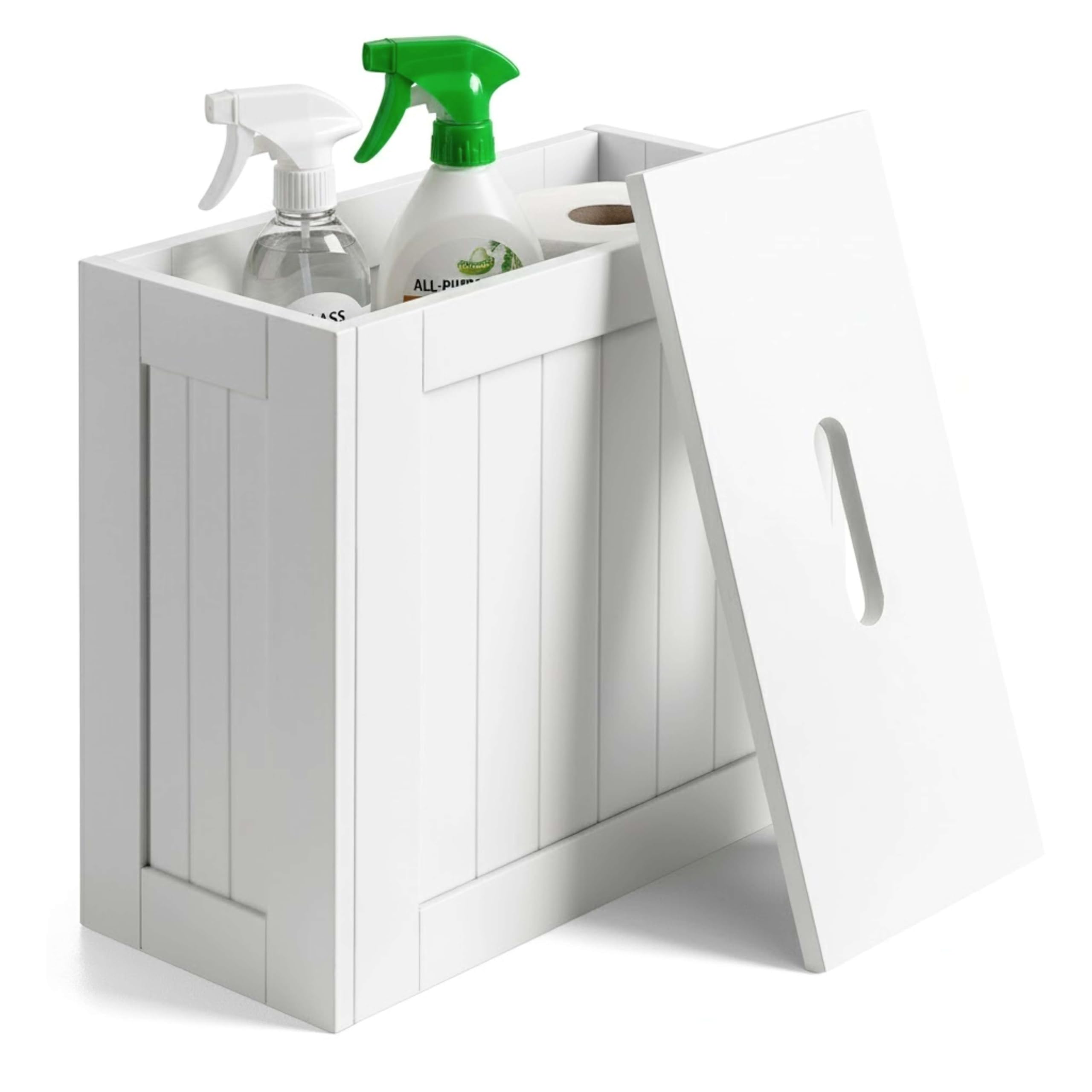 Unibos Bathroom Storage Unit, Freestanding Toilet Roll Cabinet, Compact Slimline Wooden Bathroom Storage Box, Multi Purpose Cleaning Tidy (White)