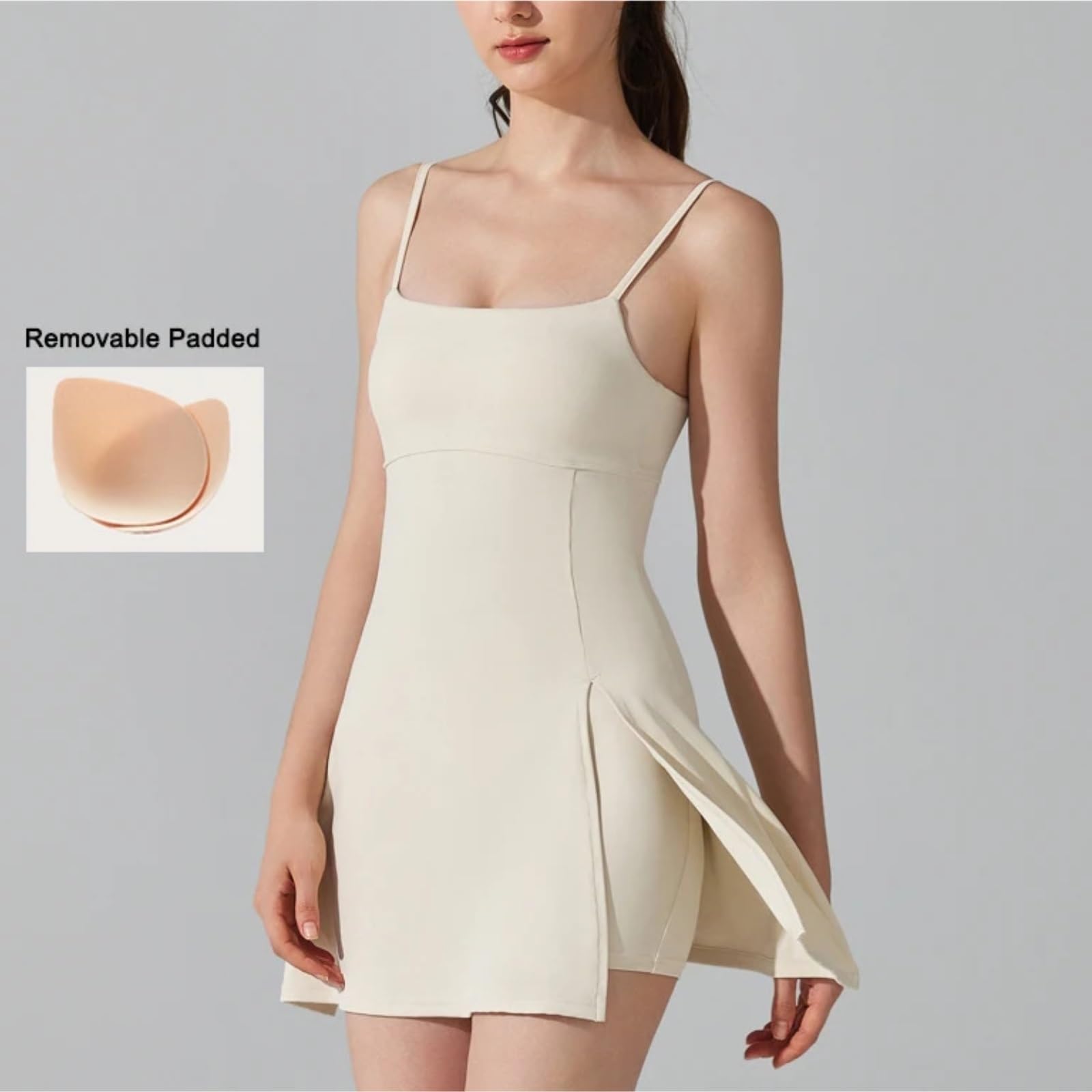 Abito da Tennis Abito da Tennis da Donna con Spalline Sottili, Scollo a Barchetta, Reggiseno Integrato, Spacco Laterale, Abiti da Golf per Golf, Tennis(Beige,S)