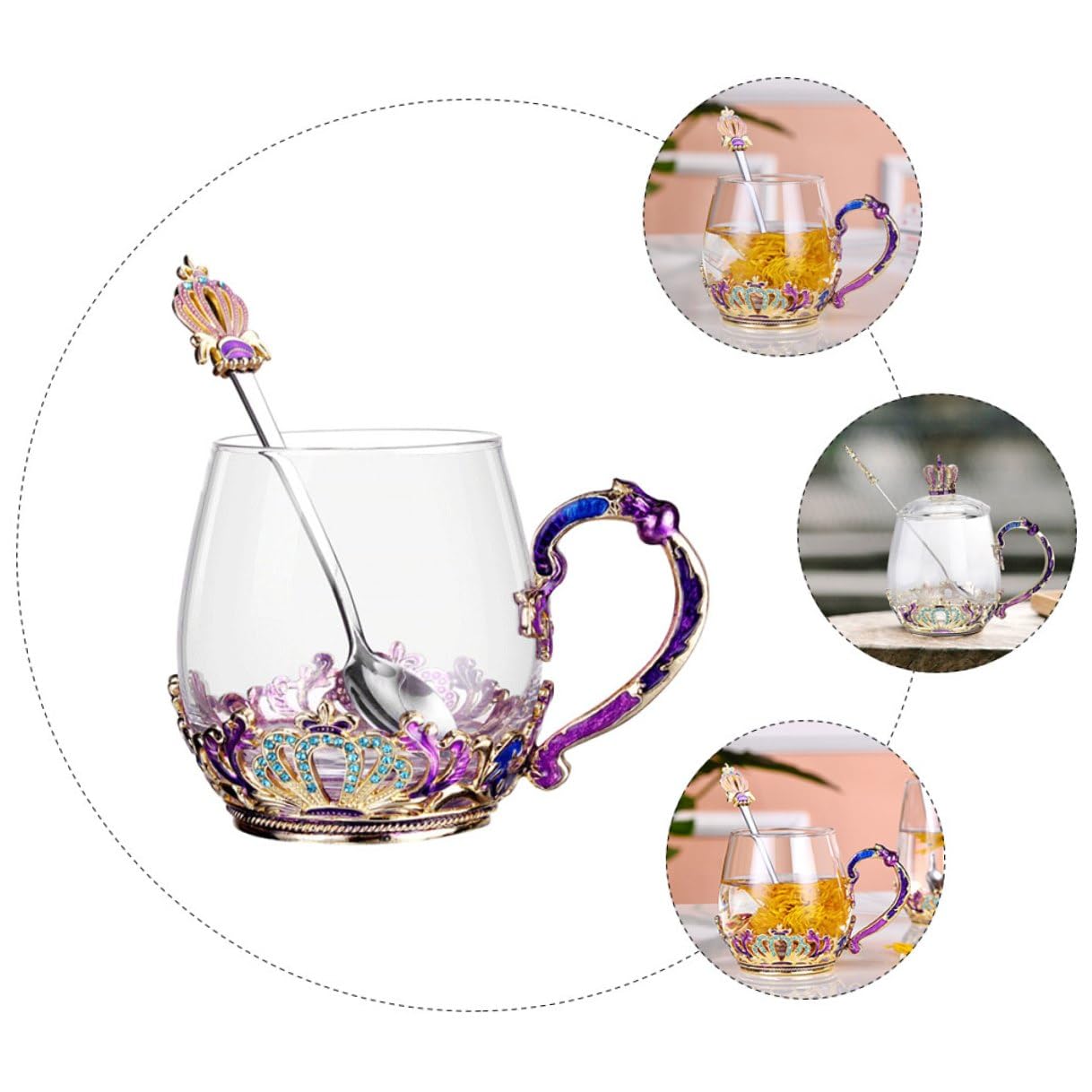 MAGICLULU Taza para Té de Vidrio con Diseño Ergonómico y Resistente al Calor, Incluye Cuchara, Estilo Único, Adecuado para Infusiones y Bebidas Calientes Color Aleatorio