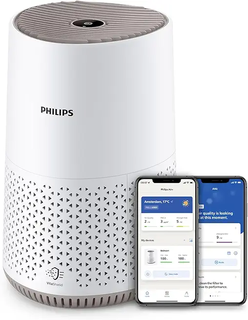 Philips Luftreiniger 600 Serie, Ultraleise und energieeffizient Für Allergiker, HEPA-Filter entfernt 99,97 Prozent der Schadstoffe, Für Räume bis zu 44m2, App-gesteuert, Weiß (AC0650/10)
