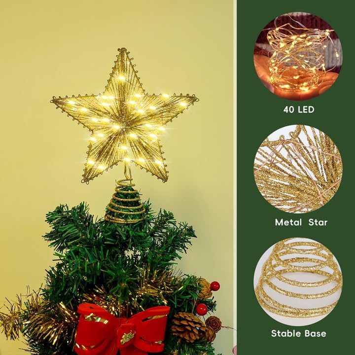 Condition photo showing New/Like New for raxurt christmas tree star topper, 40 led light usb christmas star tree topper with lights and remote control decorations for holiday indoor home decor, 10in gold gold line