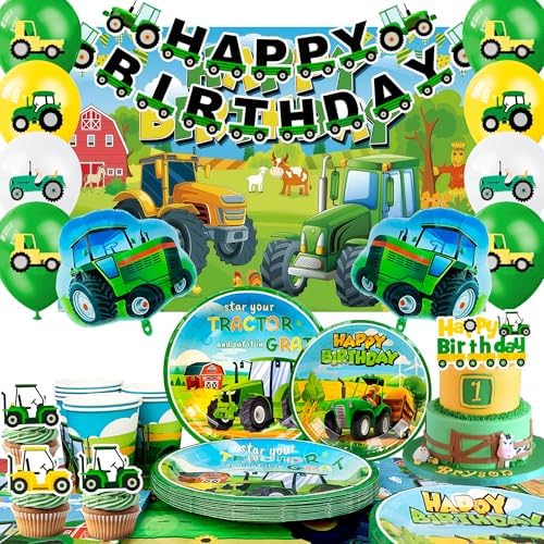 Tractor Birthday Party Decorations Supplies, 16 Guests Tractor Party Tableware Set Includes Tractor Plates Tablecloth Backdrop Balloons Cake Toppers etc Tractor Birthday Party Supplies
