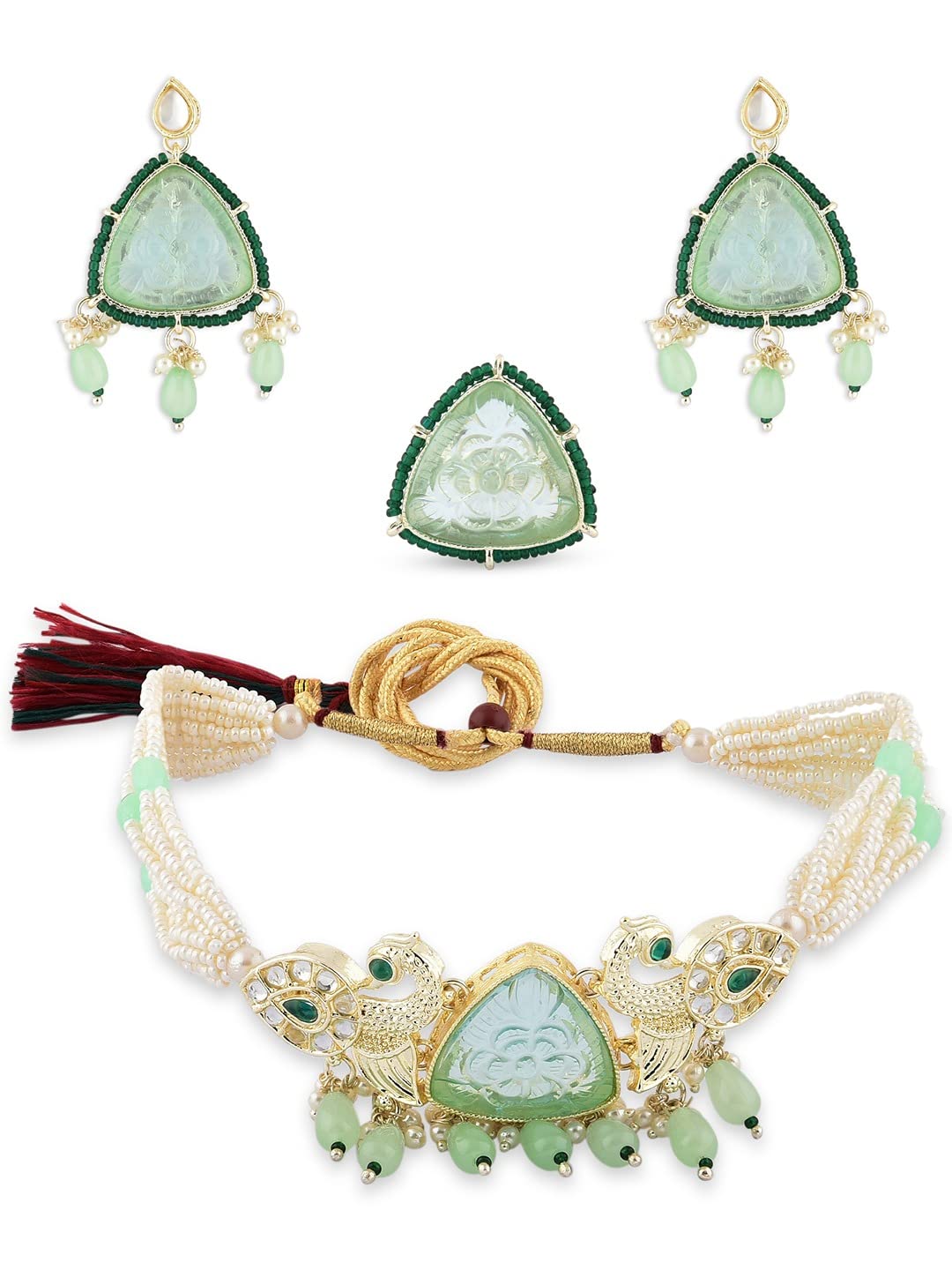 ZAVERI PEARLS Green Stones Peacock Multistrand Choker Necklace Earring & Ring Set For Women-ZPFK15359 (B0BRNFD8CP) Amazon Price History, Amazon Price Tracker