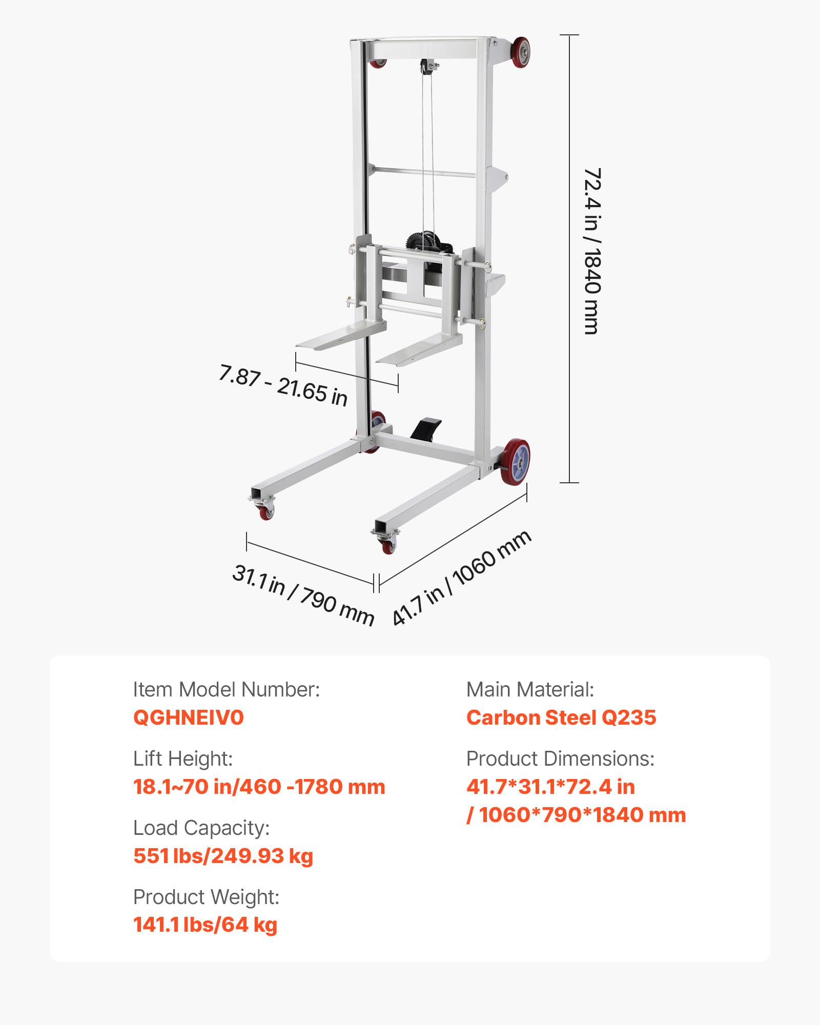 VEVOR Carrello Elevatore a Verricello, Altezza di Sollevamento di 178 cm, Carrello Elevatore a Verricello Manuale a Transpallet con Capacità di 249,93 kg, con Ruote e Forca Regolabile