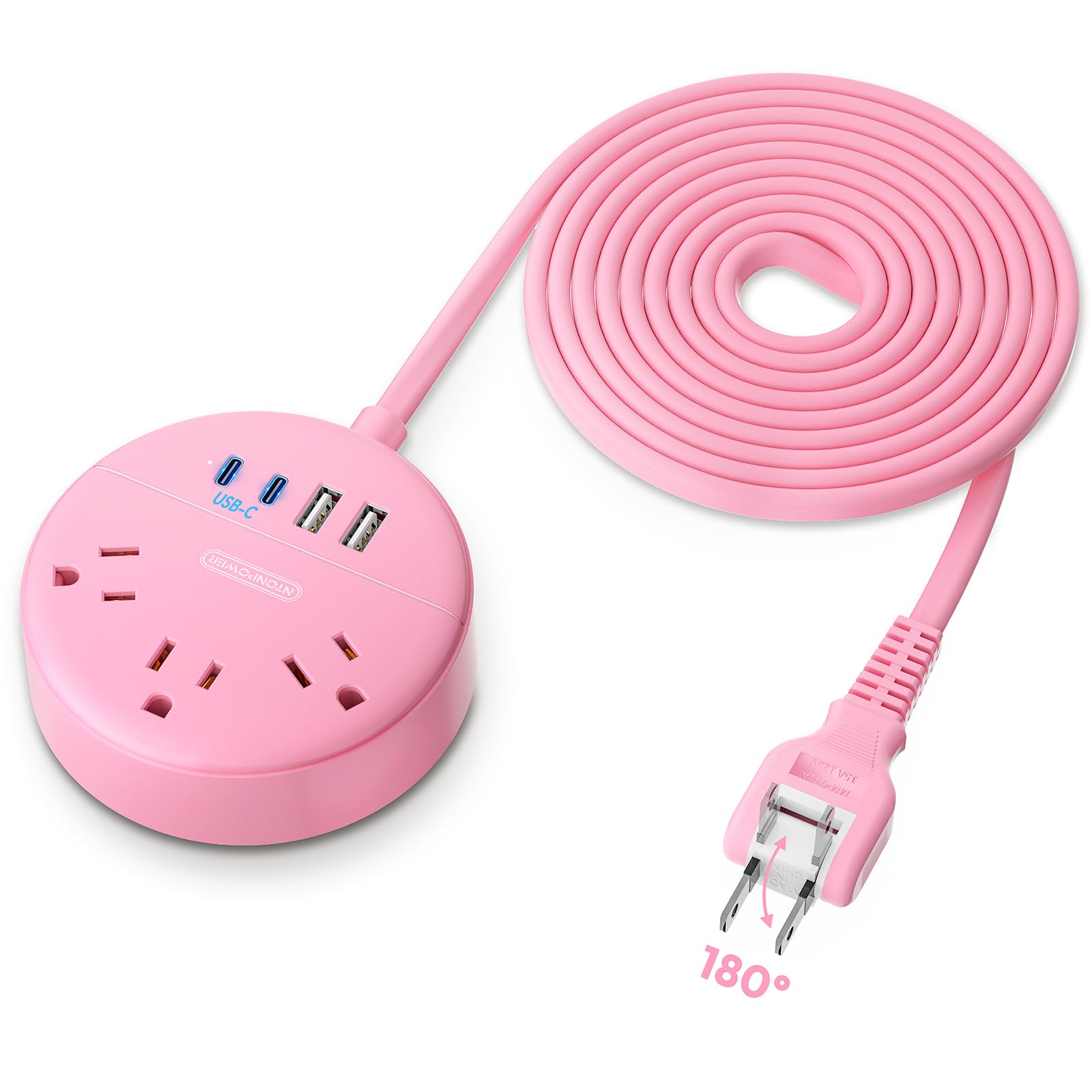 Pink 2 Prong Power Strip with USB C, NTONPOWER Pink Extension Cord 10 FT, 2 Prong to 3 Prong Outlet Adapter, 180° Rotatable Plug, 3 Outlets 4 USB