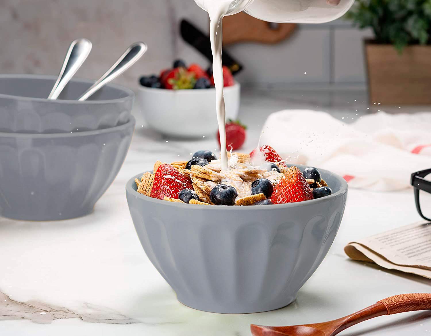 KooK Miska na płatki, miski do kuchni, zestaw 6 sztuk, ceramiczne, do zupy, makaronu, sałatki, deseru, miski obiadowe, nadają się do kuchenki mikrofalowej i zmywarki, 590 ml, (pudrowy szary)