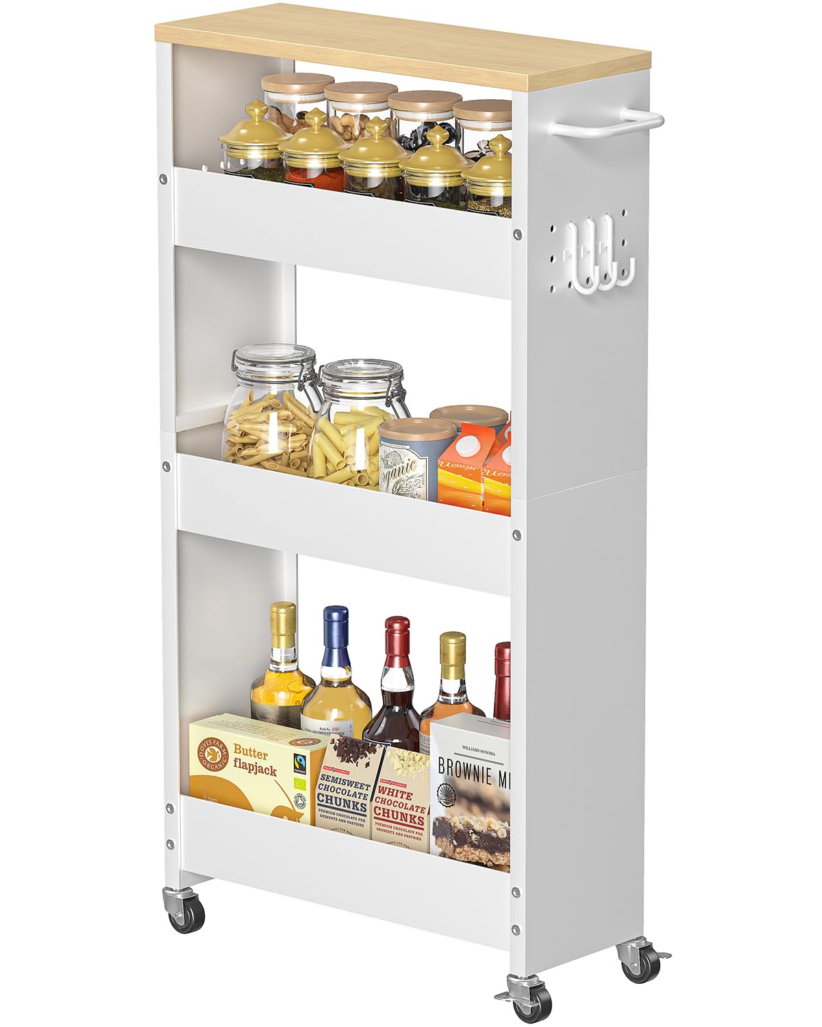 Slim Storage Cart, 4-Tier Kitchen Rolling Cart Narrow Storage Cabinet with Handle & Wheels, Metal Rolling Shelf Unit for Kitchen Bathroom Laundry Small Places (5.9IN White/Natural)