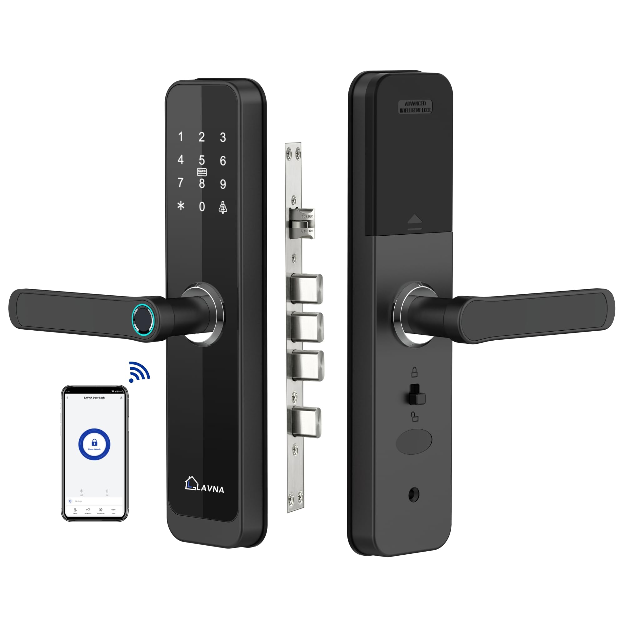 Smart Wi-Fi Door Lock | 7 Way Unlock | Fingerprint, Mobile App, WiFi + Bluetooth, RFID Card, OTP, PIN and Manual Key Access with 5 Bolts for Wooden Doors (LA8) (WiFi)