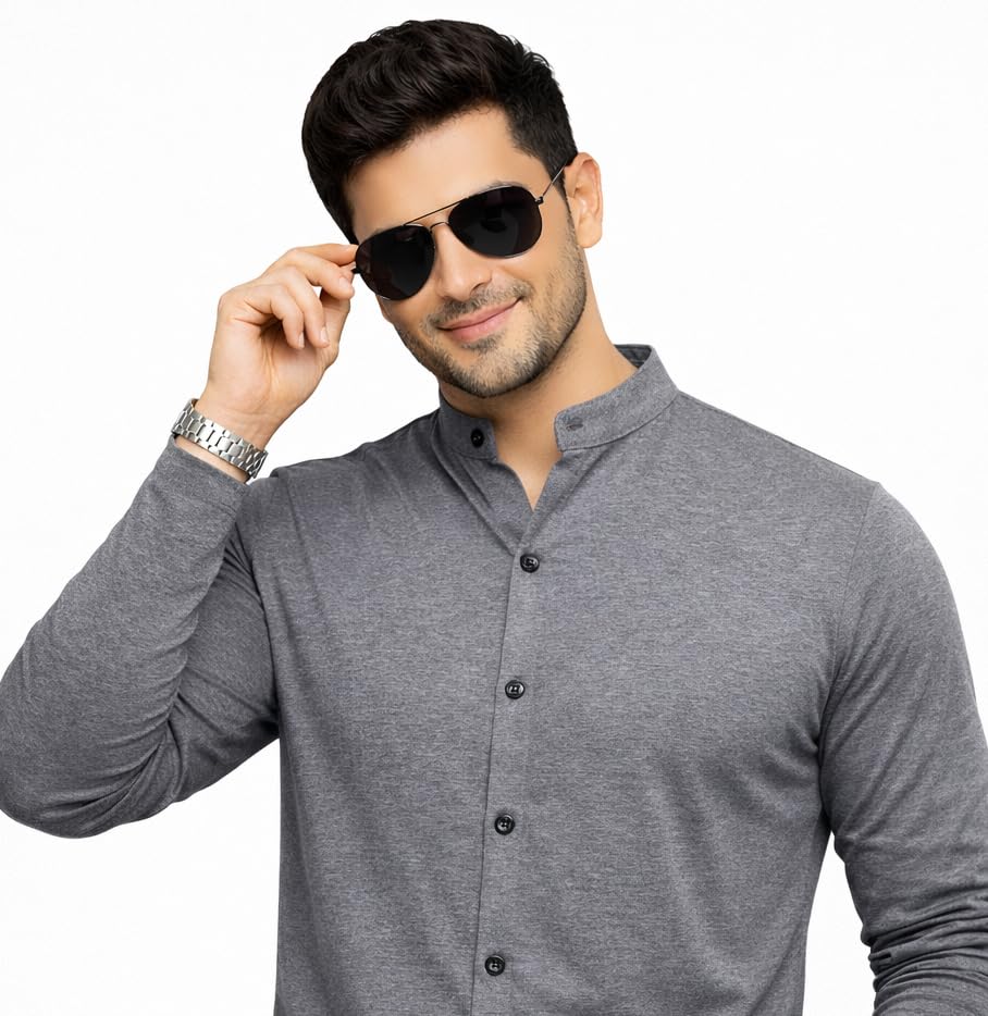 Image of Blisstone Men's Band Collar Shirt - Full Sleeve Slim Fit Casual Cotton Blend Mandarin Collar Button Down Shirt