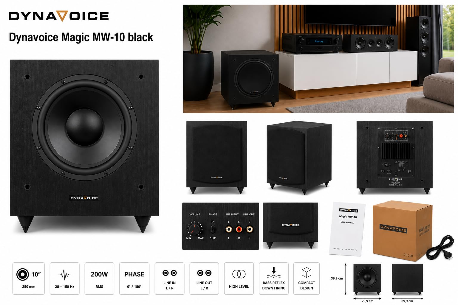 DYNAVOICE Magic MW-10 Schwarz – Aktiver 10 Zoll Subwoofer, 180W RMS (250W Max), Bassreflex, Phase- und Low Pass-Regelung | Für Heimkino 5.1 und HiFi System.