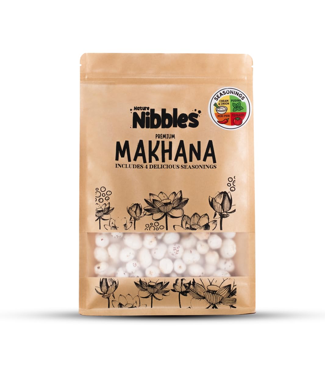 Nature Nibbles Raw Makhana Fox Nuts with 4 Seasoning Packets, Peri Peri, Cream & Onion, Pudina, Tomato Flavours, High-Protein, Gluten-Free Snack, 200g-image-17