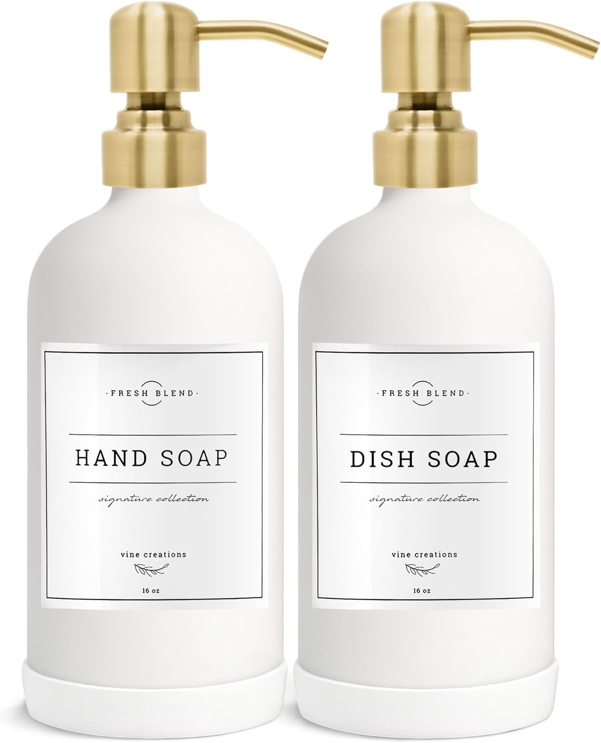 vine creations white glass soap dispenser, 2 pack kitchen soap dispenser set with stainless steel pump, 16 oz dish soap and hand soap dispensers for bathroom with waterproof labels matte white bottle / brushed gold pump
