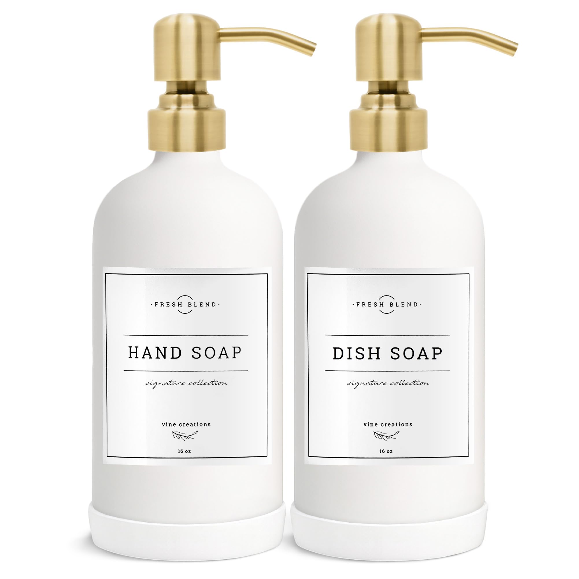 Vine Creations White Glass Soap Dispenser, 2 Pack Kitchen Soap Dispenser Set with Stainless Steel Pump, 16 oz Dish Soap and Hand Soap Dispensers for