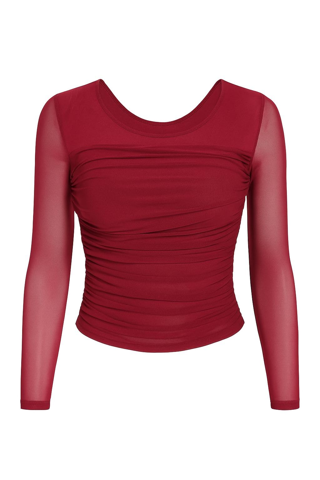 Women's Long Sleeve Ruched Top, Burgundy Red, Mesh Sleeves-image-34
