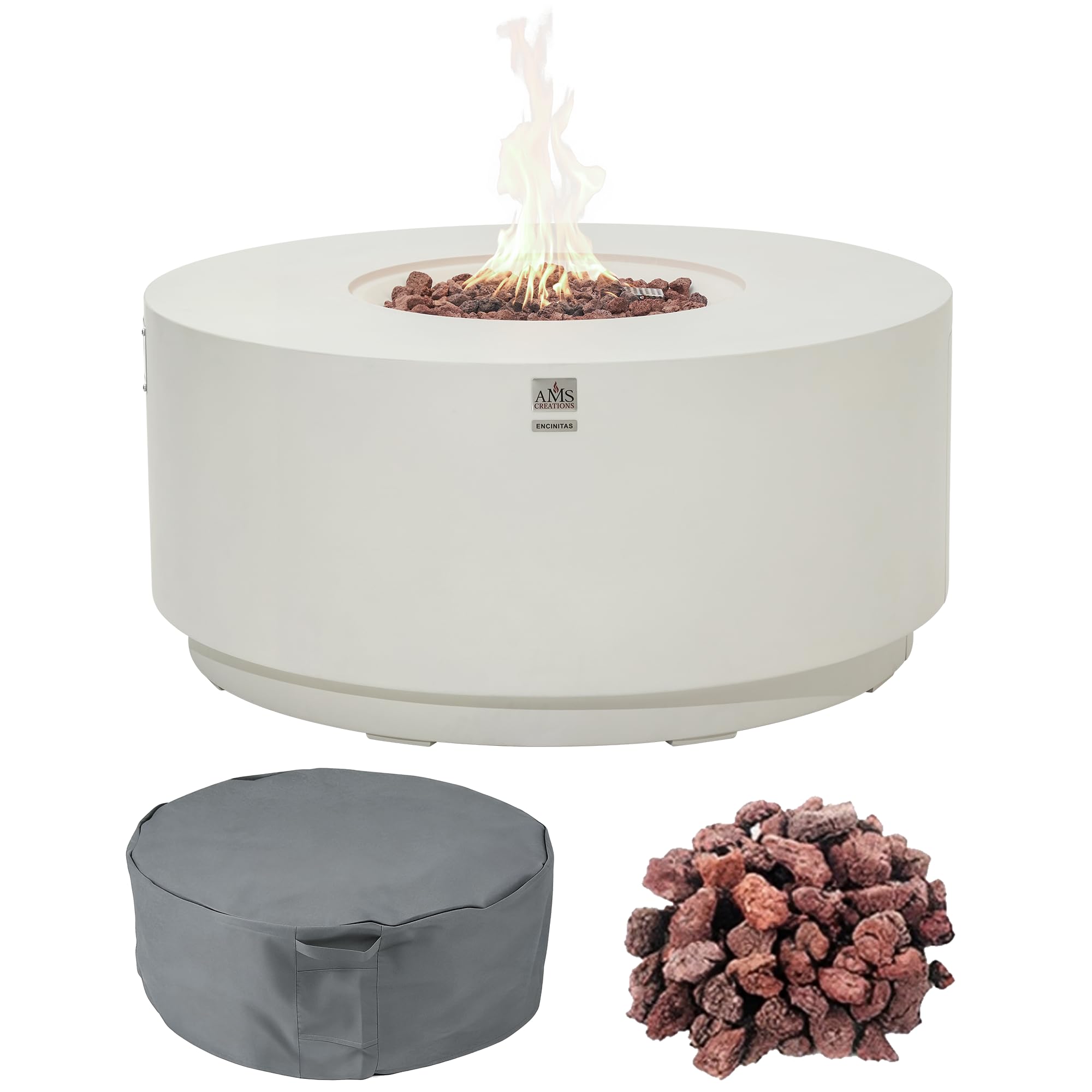 AMS Round Concrete GFRC Propane Gas Fire Pit Table (Cream White)