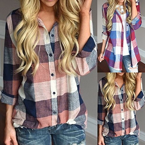 Tops For Women Work Casual,Womens Flannels Long/Roll Up Sleeve Plaid Shirts Cotton Check Gingham Top #TOP3