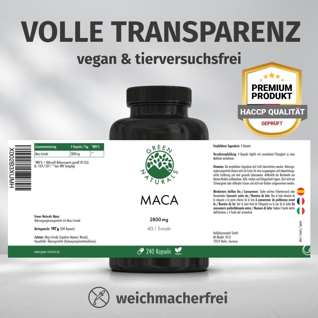 Green Naturals Maca 3-in-1-Komplex – Hochdosiert: 2.800 mg Extrakt | Schwarz-Rot-Gold · 40:1 pro Tagesdosis · Entspricht 112.000 mg Maca-Pulver · 240 Kapseln · 2-Monatsvorrat