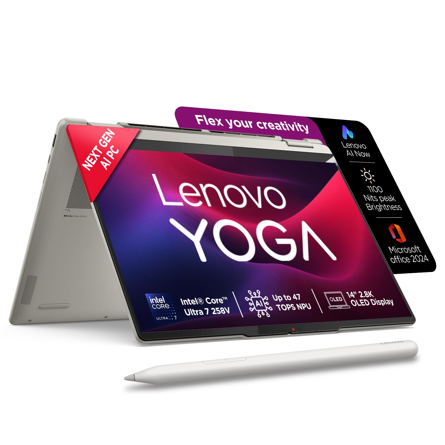 Lenovo Yoga 7 2-in-1 Intel Core Ultra 7 258V,Copilot+ AI PC(32GB RAM/1TB SSD/14(35.5cm) WQXGA+ OLED/47 Tops/Win 11/Office Home 2024/Yoga Pen/1Year ADP/Seashell/1.38Kg),83JQ000NIN Convertible Laptop-image-21