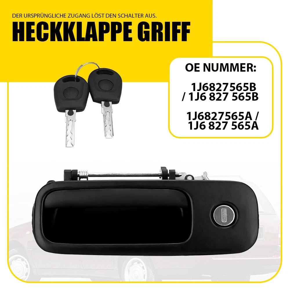 1J6827565B Heckklappe Griff Schloss + 2x Schlüssel, Heckklappengriff mit Schloss Heckklappengriff Ersatz für 2006-2014 Golf 4 1J1 1J5 Lupo 6X1 6E1 Polo 6N2 Transporter T5 T6 Ca-dd-y III 1J6827565A
