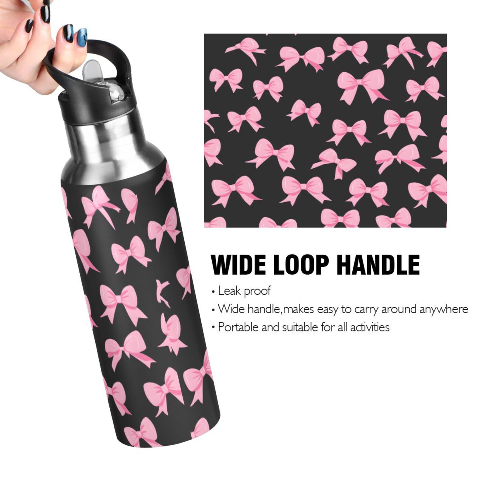 ALAZA Borraccia termica in acciaio inox con tappo a cannuccia, colore nero, con fiocco rosa, 590 ml