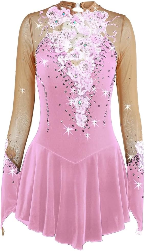Velvet Ice Skating Performance Dress Handmade Figure Skating Costume Girls Competition Clothing with Crystals