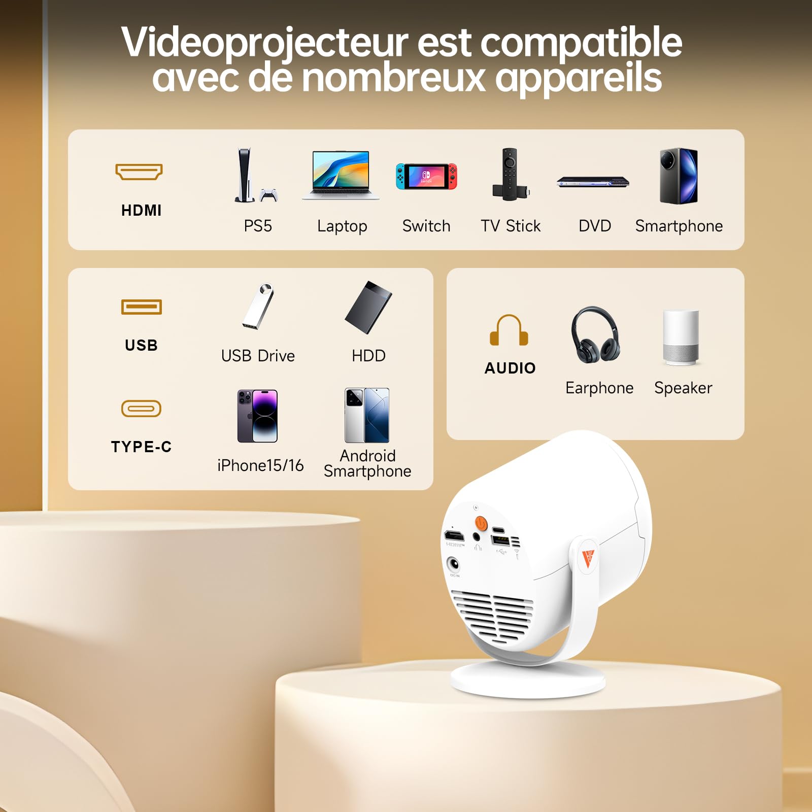 Videoprojecteur Full HD 1080P Natif Mini Projecteur Portable 200ANSI WiFi 6 Bluetooth 5.4,Haut parleurs intégrés Auto Keystone 180° Rotation pour Phone/HDMI/USB/Clé TV