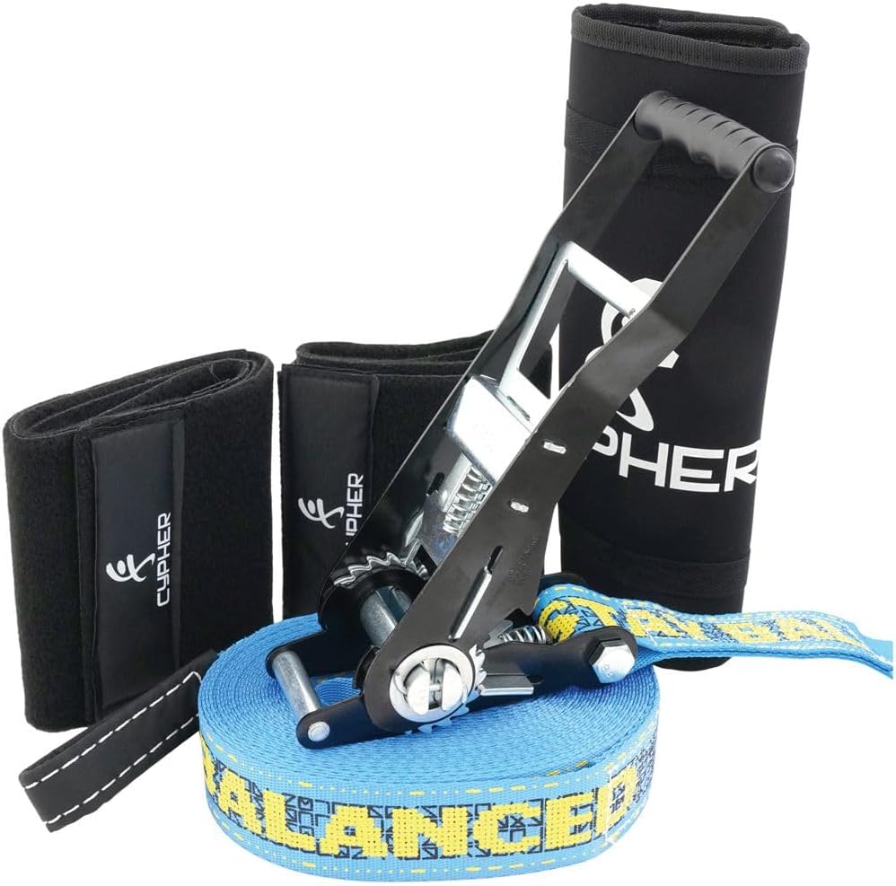 Cypher Slackline Trickster Kit, 2 Inch Wide Webbing, 49ft / 15m Length with Ergonomic Retchet, Tree Protection and Padded Ratchet Covers