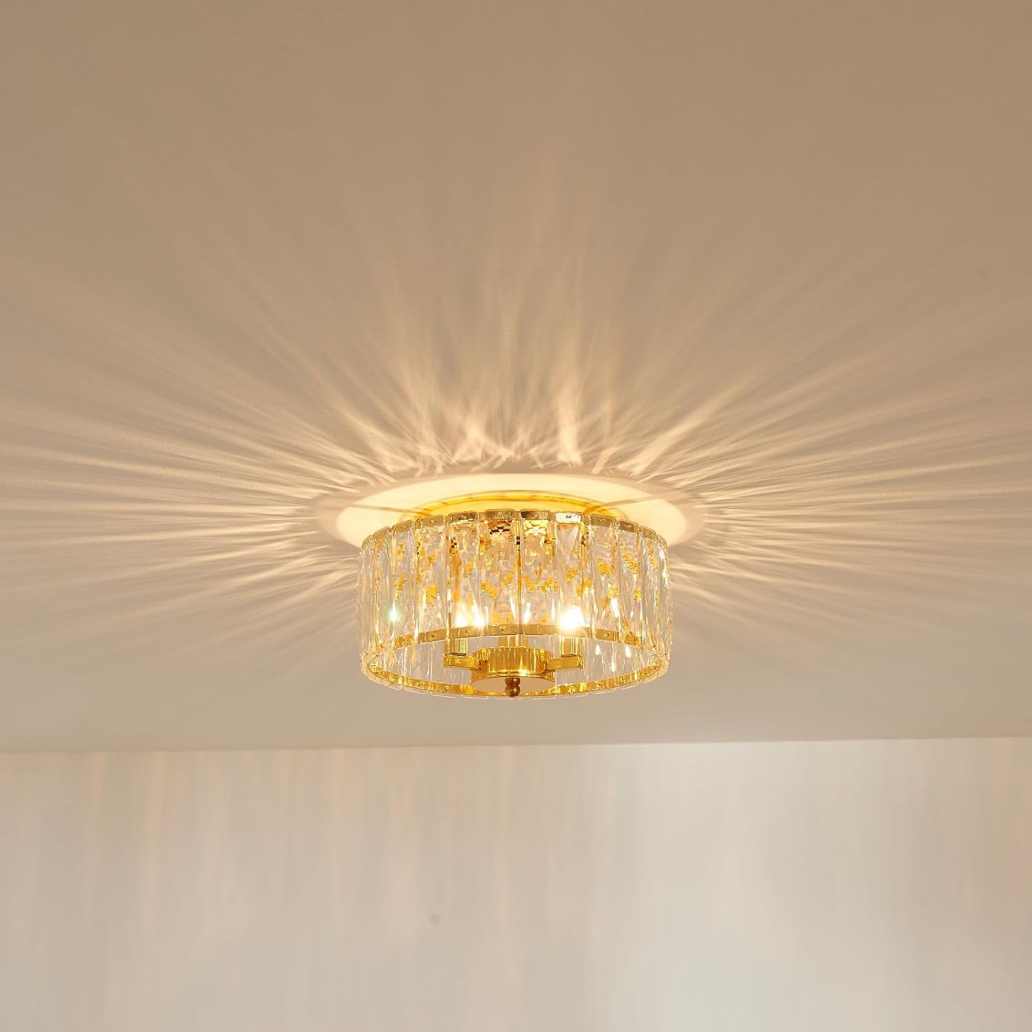 Crystal Ceiling Light, 3-Light Modern Flushmount Ceiling Light for Living Room, Dinning Room Hallway, D12xH9inch, Gold Finish Frame & K9 Crystal