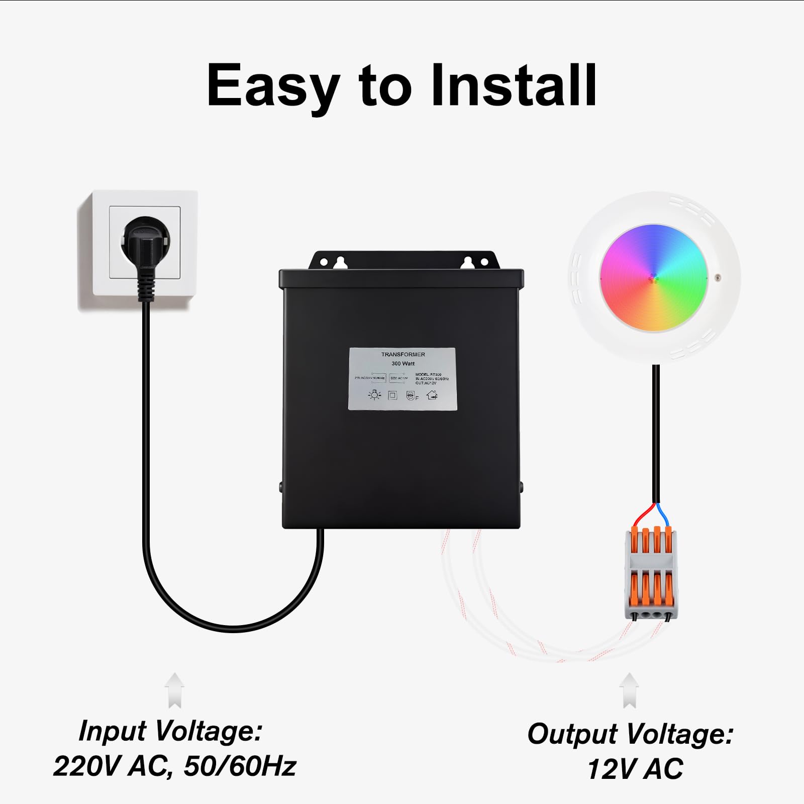 300W Transformator, AC 220V auf AC 12V, Wasserdichter Transformator mit Stecker, Geeignet für LED Poolbeleuchtung, PAR56, Halogenlampen