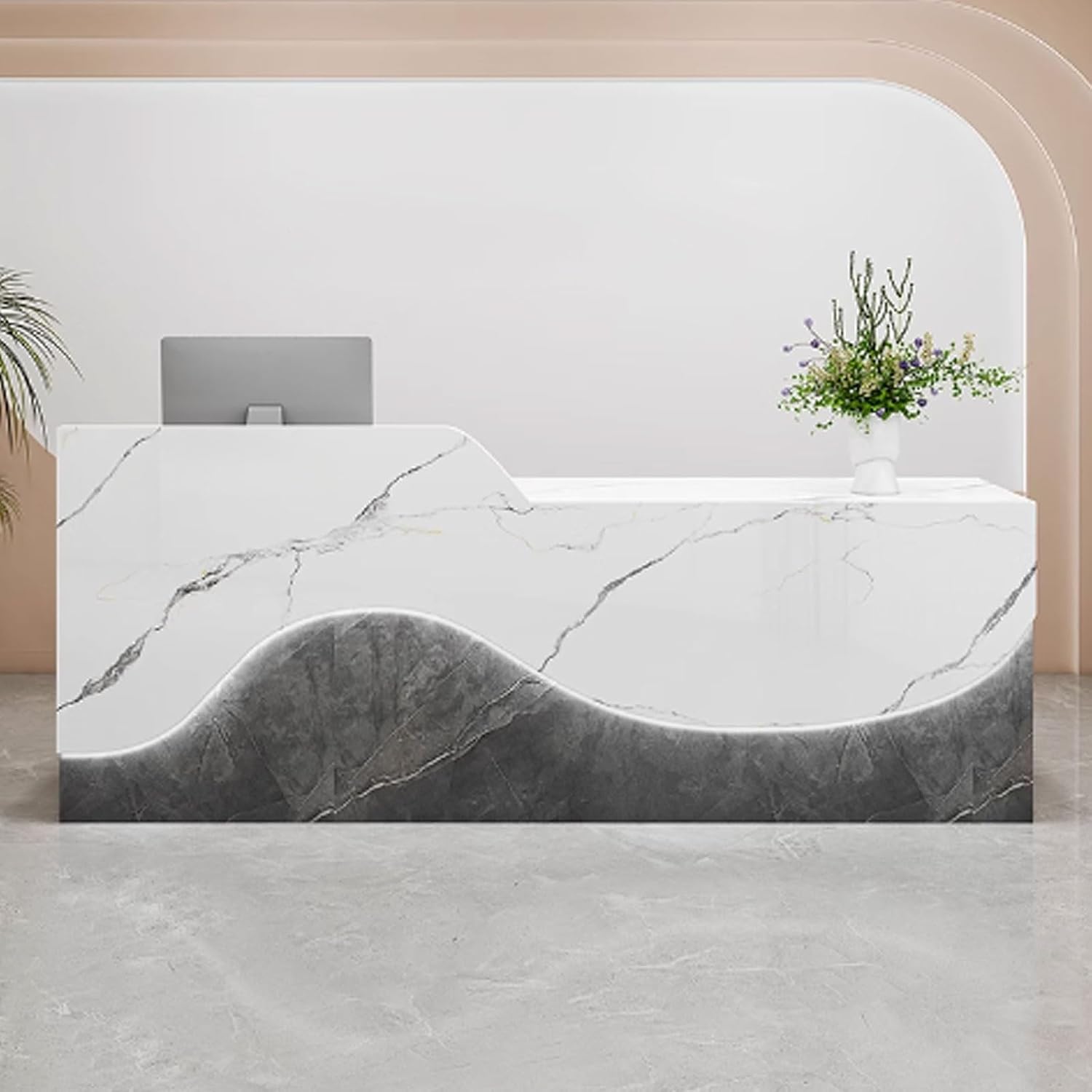 Salon Reception Desk, Reception Counter Desk, Receptionist Desk with Storage Engineered Wood for Lobbies, Salons, Retail, Home Offices, Reception Room(White Texture+Gray Texture)