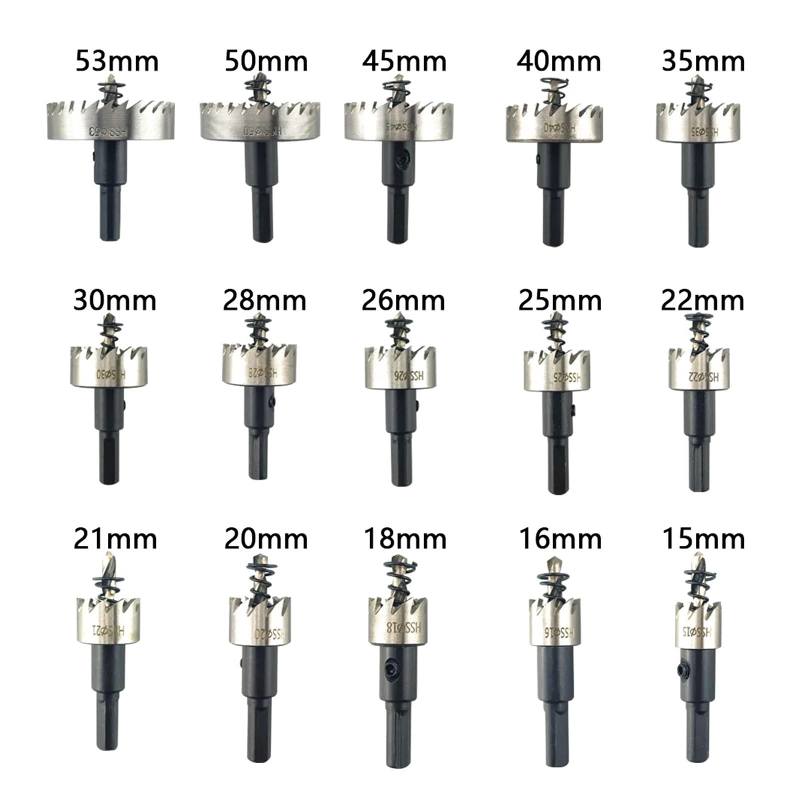 Juego De 12 Brocas De Corona HSS De 15-50 Mm For Sierras De Corona De Acero De Alta Velocidad, For Herramientas De Corte De Madera, De Acero Inoxidable Y De Aleación De Metal.(15PCS 15-53mm)