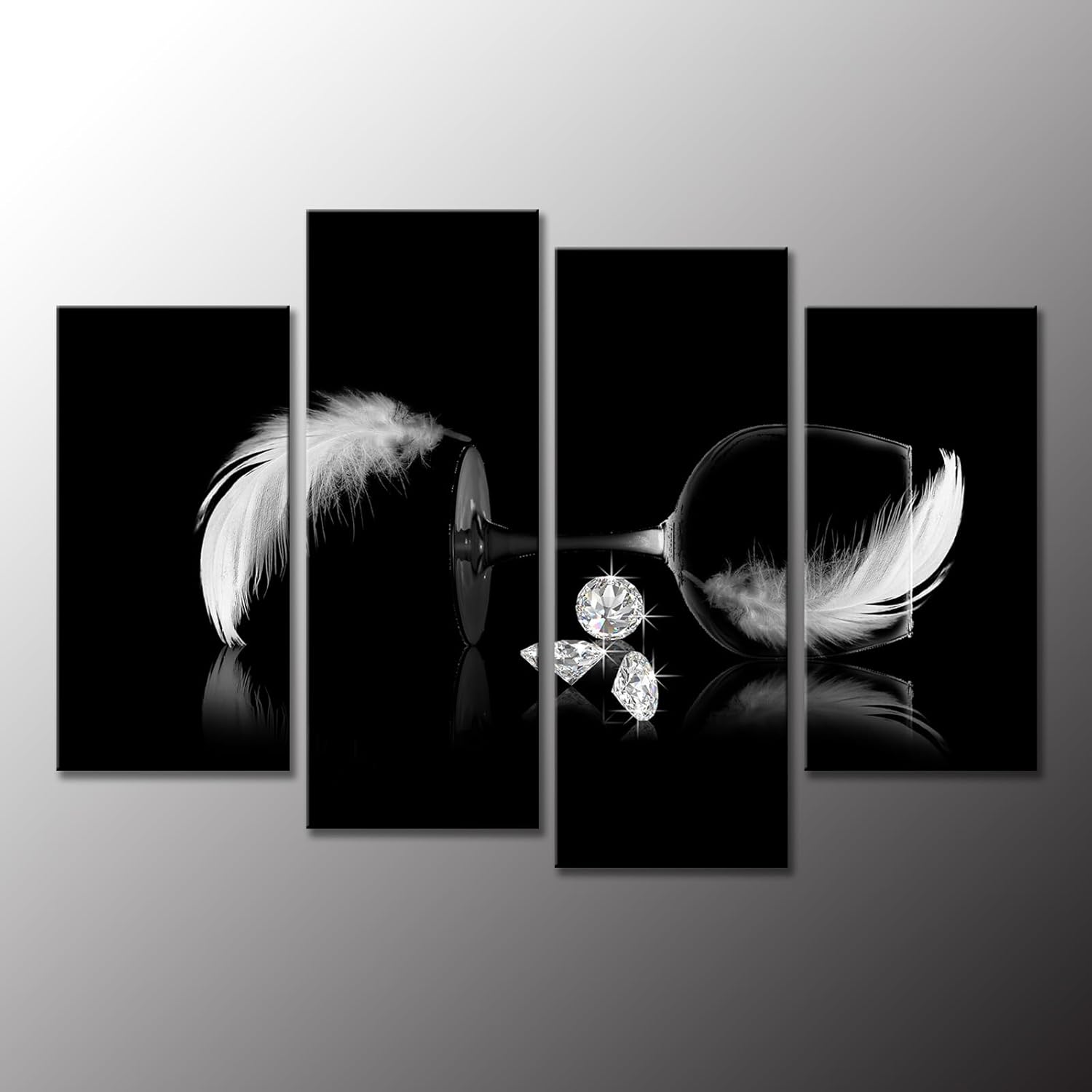 Biuteawal 4 Pcs Black and White Canvas Wall Art Feather Picture Diamond with Glass Photo Painting on Canvas Fashion Art work Print Gallery Wrap Modern Home Living Room Bedroom Decor Ready to Hang