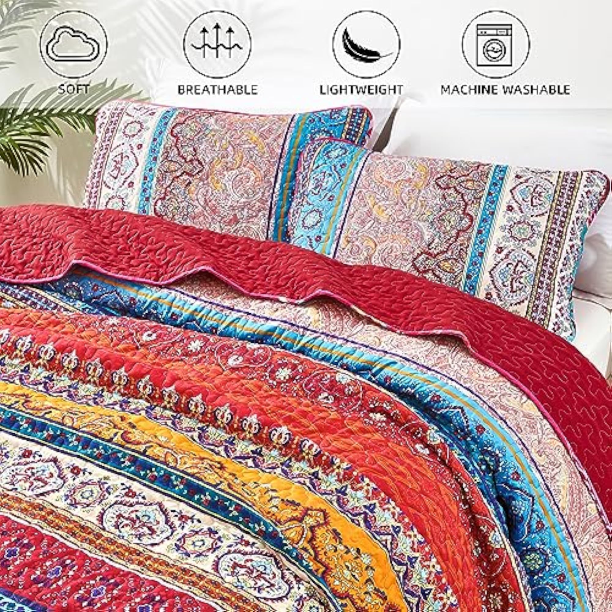 3pc Bohemian Quilt Set, Lightweight Summer Bedspread