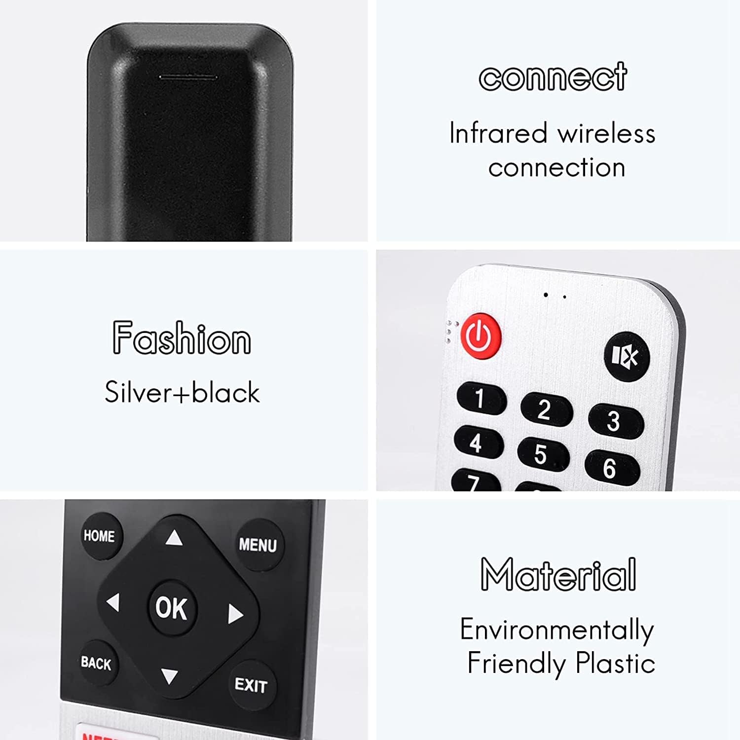 Close-up of remote control details including material and connection type