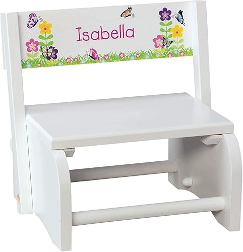 Miniatura 7 de Fox Valley Traders Taburete y silla personalizados 2 en 1 para niños, madera blanca, diseño de animales del bosque con nombre personalizado