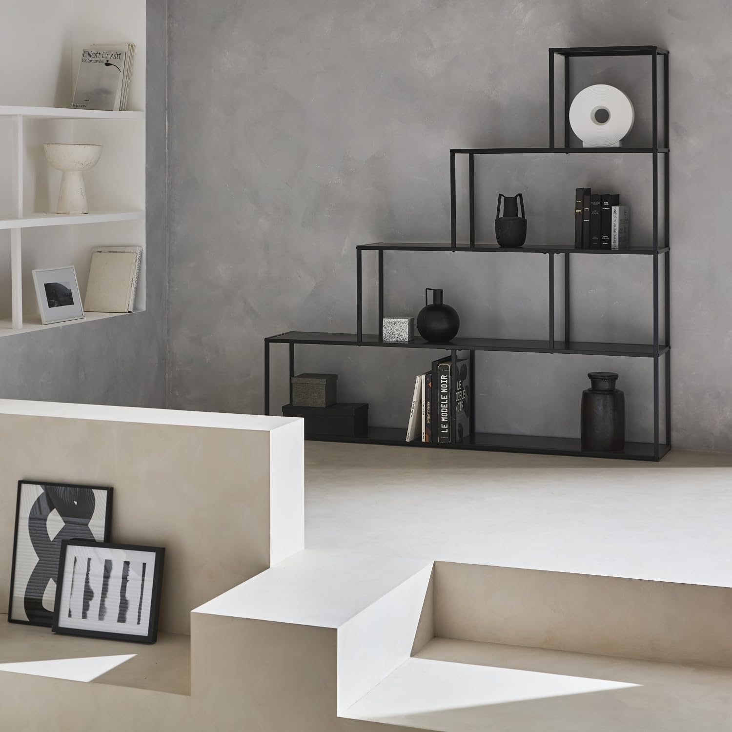 Libreria industriale a scala in metallo, 4 livelli Nero - 160x30x157 cm