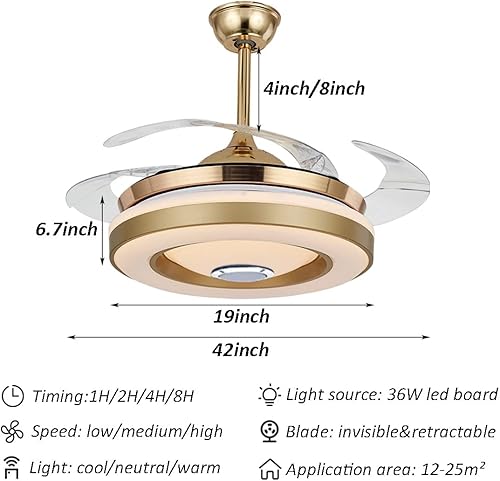 Miniatura 5 de Ventilador de techo Bluetooth de 42 pulgadas con luz y música de altavoz, 7 colores regulables LED retráctiles con iluminación de techo remota para