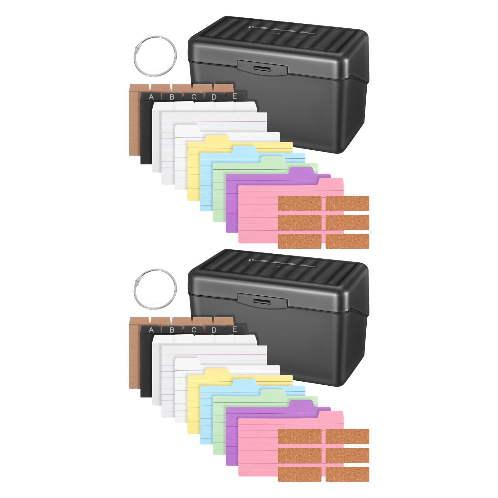 2 Sets Karteikartenhalter, Trennblätter, linierte Karteikarten, Metallringe & Aufkleber, Komplettes Schreibtisch-Organizer-Set für Schüler, Lehrer, Zuhause, Klassenzimmer