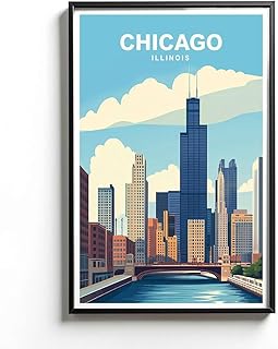 KiKi8xyBox Chicago Illinois Travel Poster - Retro Wall Art Featuring Skyline and City River - Vintage Style Print for Home Decoration - Scenic American Urban Architecture Landscape