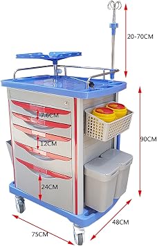 Mobile Emergency Cart,Medical Crash Cart with Emergency Accessory,Emergency Hospital Crash Cart with Accessory Package, IV Pole, Cardiac Board, Power Strip,Trash Bin, Drawers with Dividers