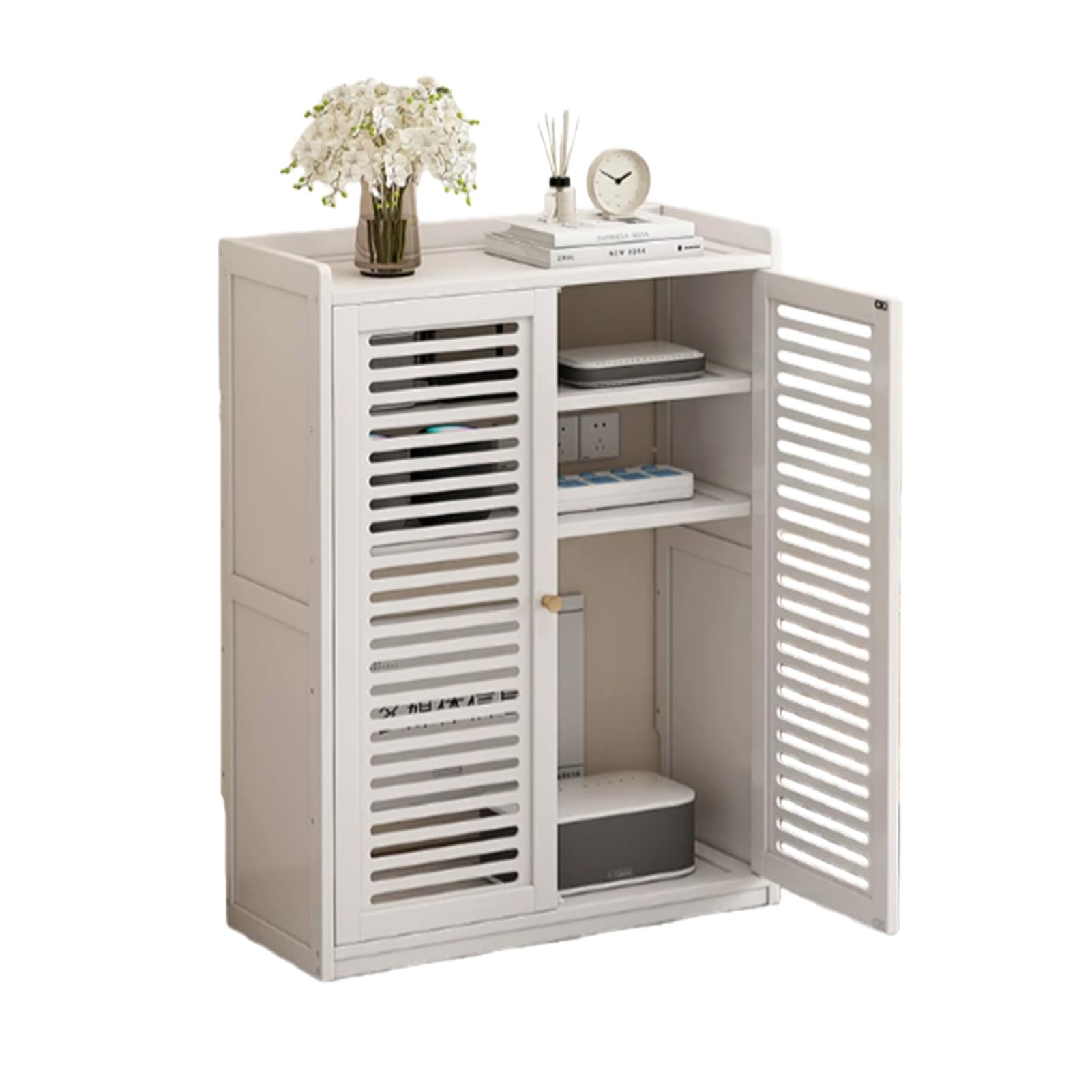 AYHARYLH WiFi Router Cabinet With Double Shelves, Freestanding Invisible Storage Organiser & Hidden Box For Modem - Home Office Media Console(White,59x25x82cm)