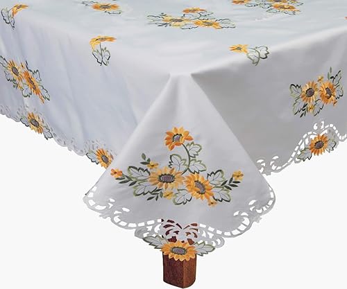 Miniatura 2 de Creative Linens Mantel de girasol bordado Cutwork Mantel 70x 90 rectangular con 8servilletas color blanco