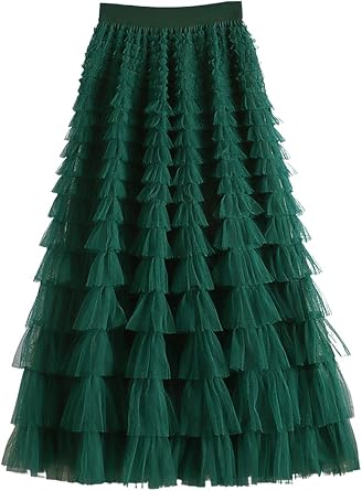 Womens Fairy A-line High Elastic Waist Layered Mesh Tulle Midi Skirt