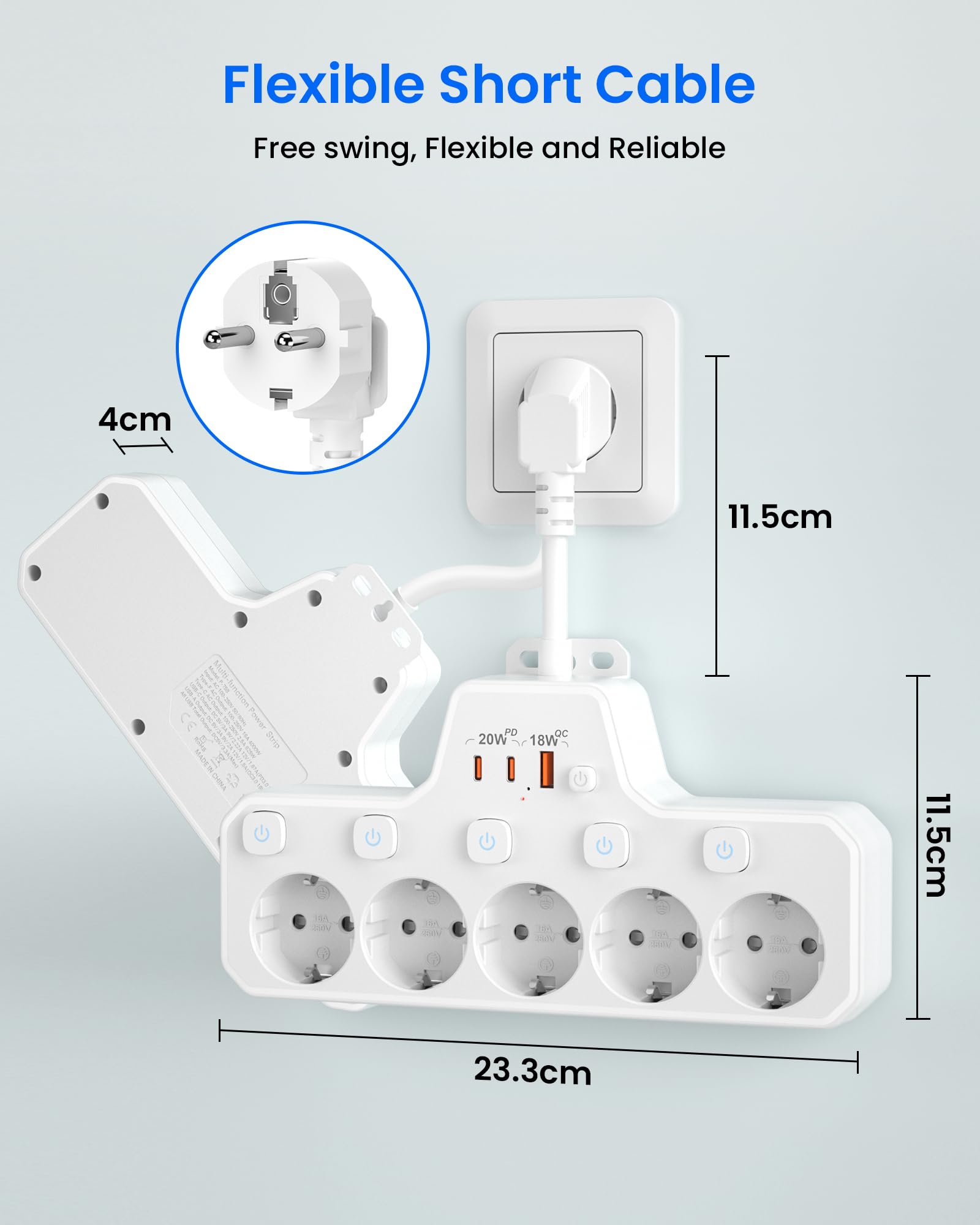 Regletas Enchufes Proteccion Sobretension, Ladron Enchufes con Interruptor,Regleta 5 Tomas con USB Carga rápida PD20W,Base Enchufe Multiple Interruptor Independiente,Enchufe Pared Cable Corto,Blanco